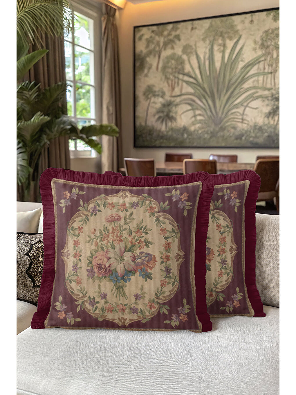 Karışık Saraya Stil Vintage Çiçekli Saçaklı Yastık Kılıfı - Retro Zarif Bordo Gold Püsküllü Kırlent Kılıfı-5