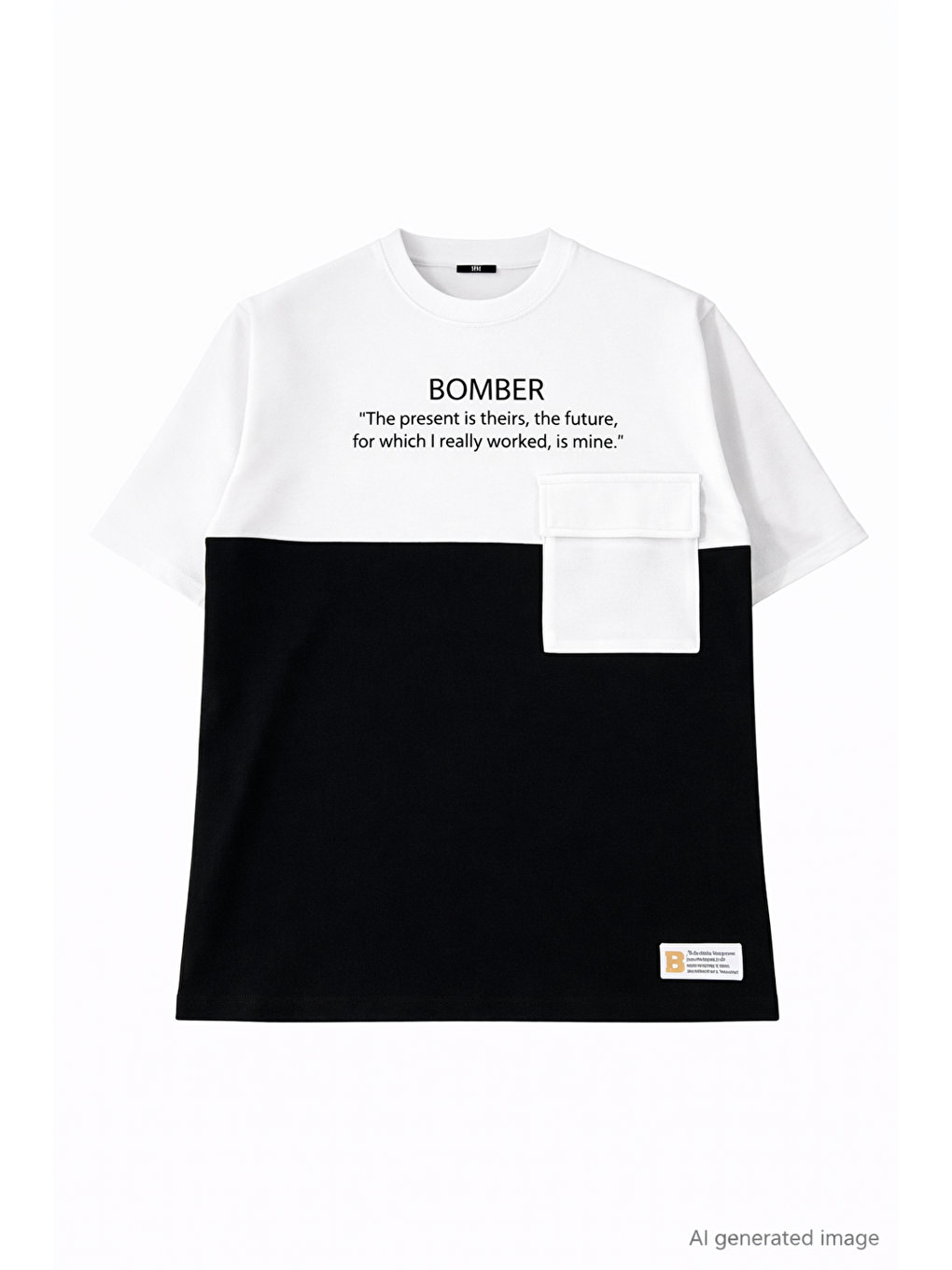 Unisex Torba Cep Detaylı  Parçalı T-Shirt - Siyah