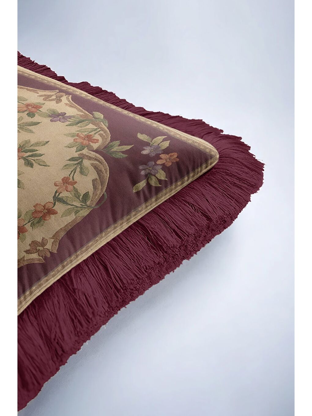 Karışık Saraya Stil Vintage Çiçekli Saçaklı Yastık Kılıfı - Retro Zarif Bordo Gold Püsküllü Kırlent Kılıfı-6
