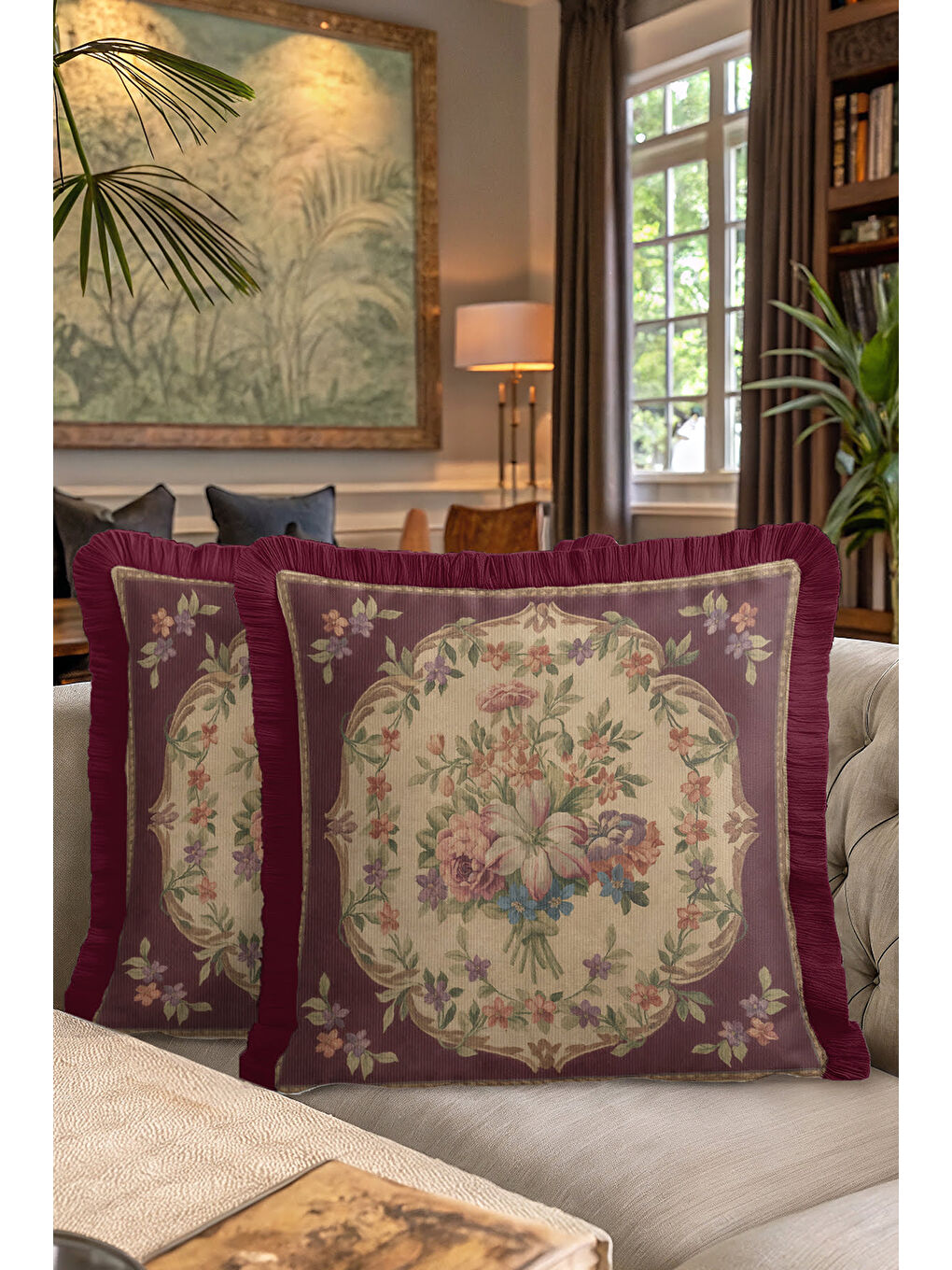 Karışık Saraya Stil Vintage Çiçekli Saçaklı Yastık Kılıfı - Retro Zarif Bordo Gold Püsküllü Kırlent Kılıfı-7