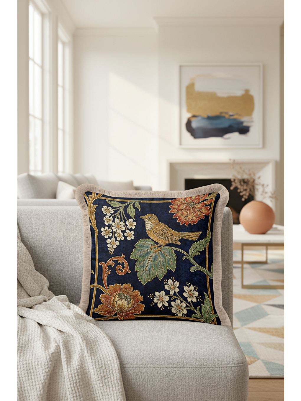 Karışık Lüks Kuş Motifli Saçaklı Yastık Kılıfı - Çiçekli Bohem Lacivert Altın Renkli Püsküllü Kırlent Kılıfı-1
