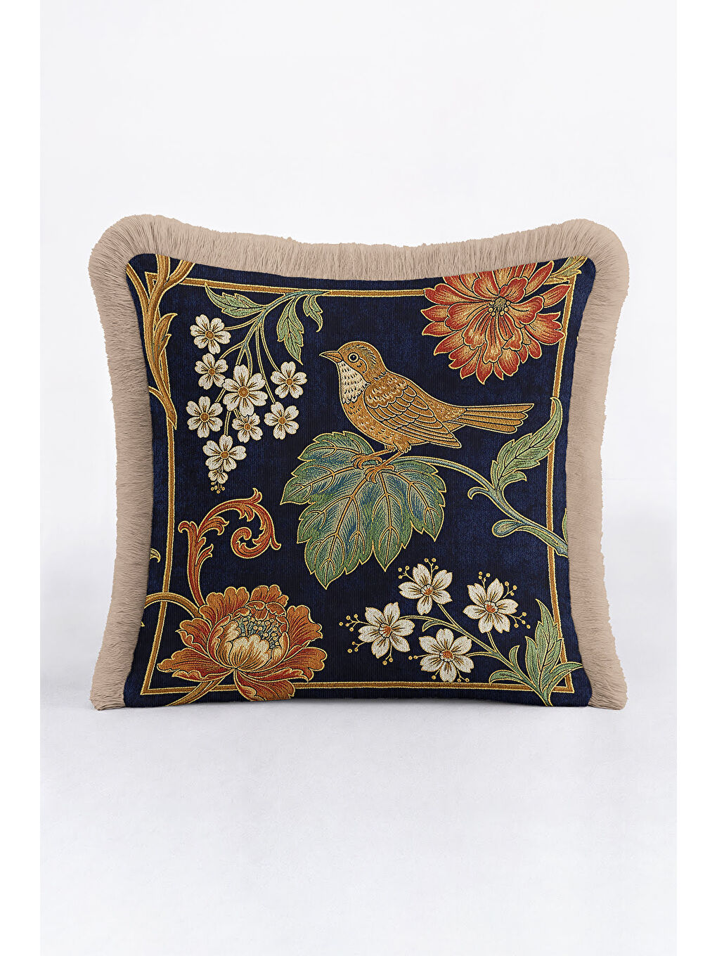 Karışık Lüks Kuş Motifli Saçaklı Yastık Kılıfı - Çiçekli Bohem Lacivert Altın Renkli Püsküllü Kırlent Kılıfı-2