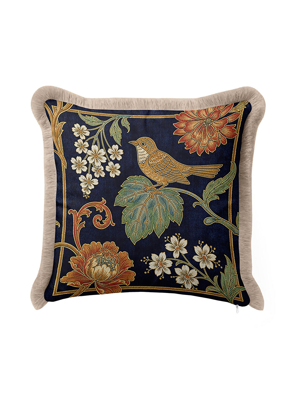 Karışık Lüks Kuş Motifli Saçaklı Yastık Kılıfı - Çiçekli Bohem Lacivert Altın Renkli Püsküllü Kırlent Kılıfı-3