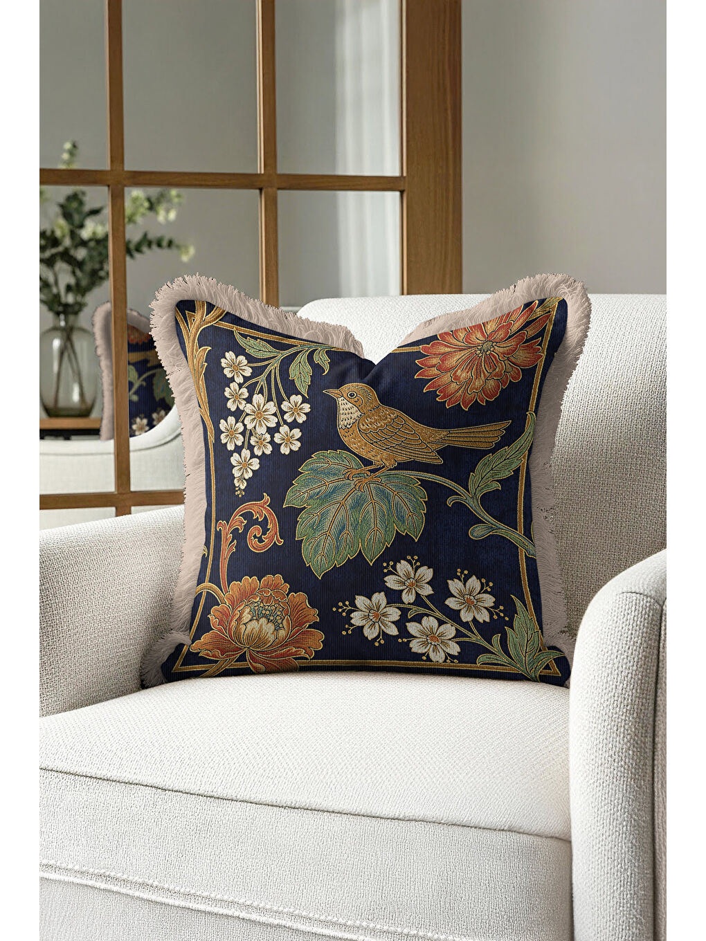 Karışık Lüks Kuş Motifli Saçaklı Yastık Kılıfı - Çiçekli Bohem Lacivert Altın Renkli Püsküllü Kırlent Kılıfı-4