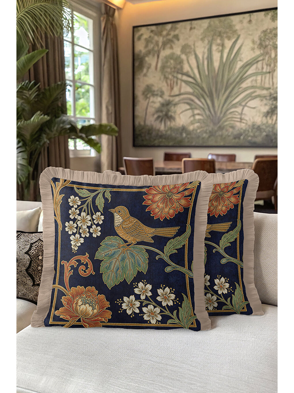 Karışık Lüks Kuş Motifli Saçaklı Yastık Kılıfı - Çiçekli Bohem Lacivert Altın Renkli Püsküllü Kırlent Kılıfı-5