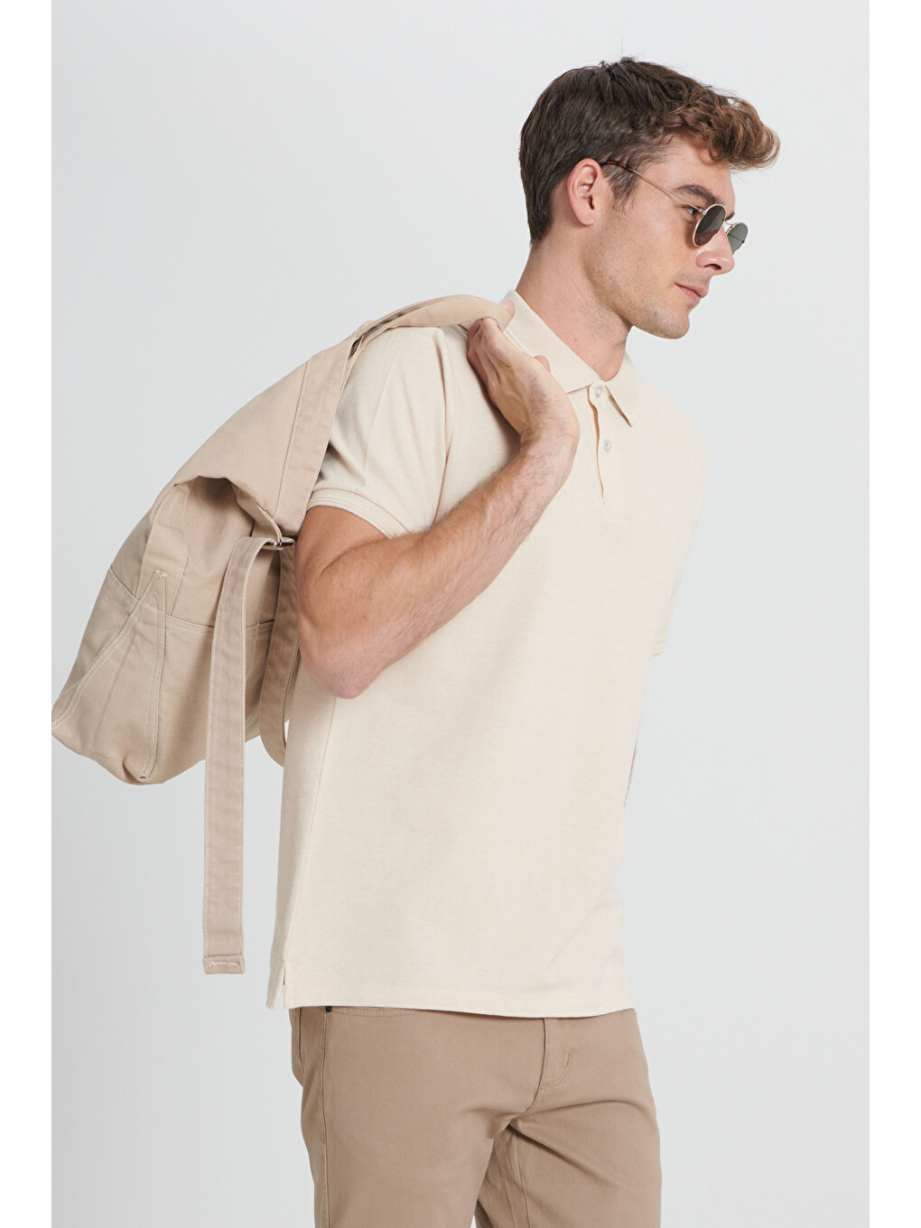 Erkek Bej-Ekru Slim Fit Dar Kesim %100 Pamuk Polo Yaka Tişört-3
