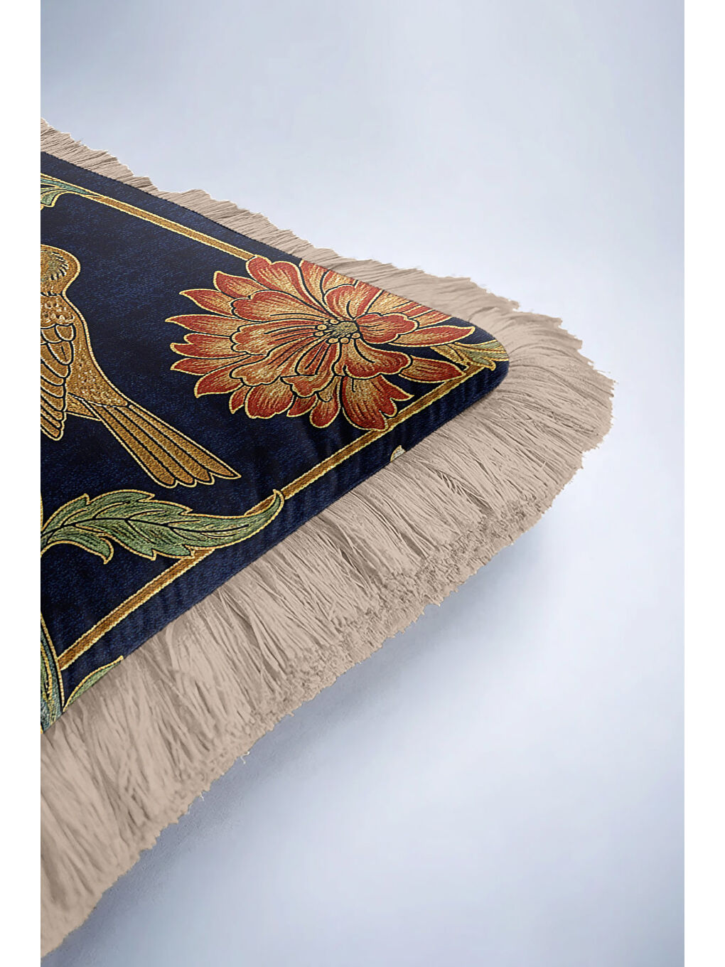 Karışık Lüks Kuş Motifli Saçaklı Yastık Kılıfı - Çiçekli Bohem Lacivert Altın Renkli Püsküllü Kırlent Kılıfı-6