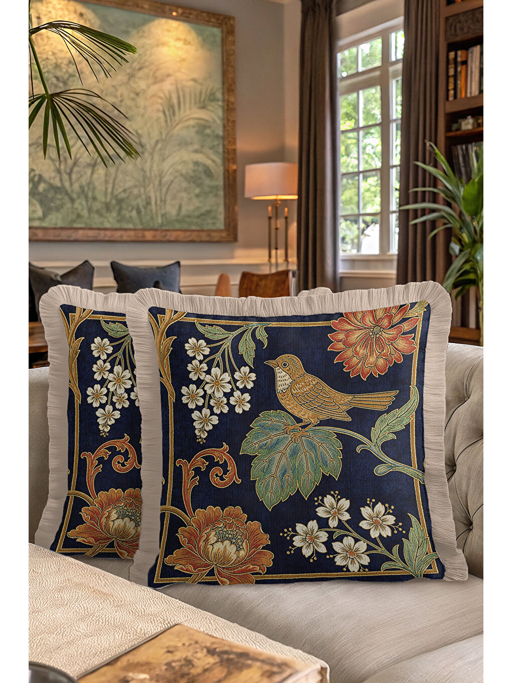 Karışık Lüks Kuş Motifli Saçaklı Yastık Kılıfı - Çiçekli Bohem Lacivert Altın Renkli Püsküllü Kırlent Kılıfı-7