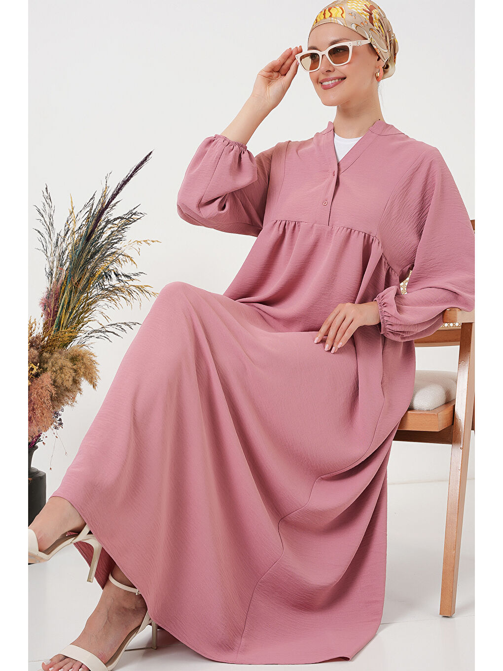 Pembe Kadın Uzun Tesettür Elbise 2525 - Gül Kurusu-1