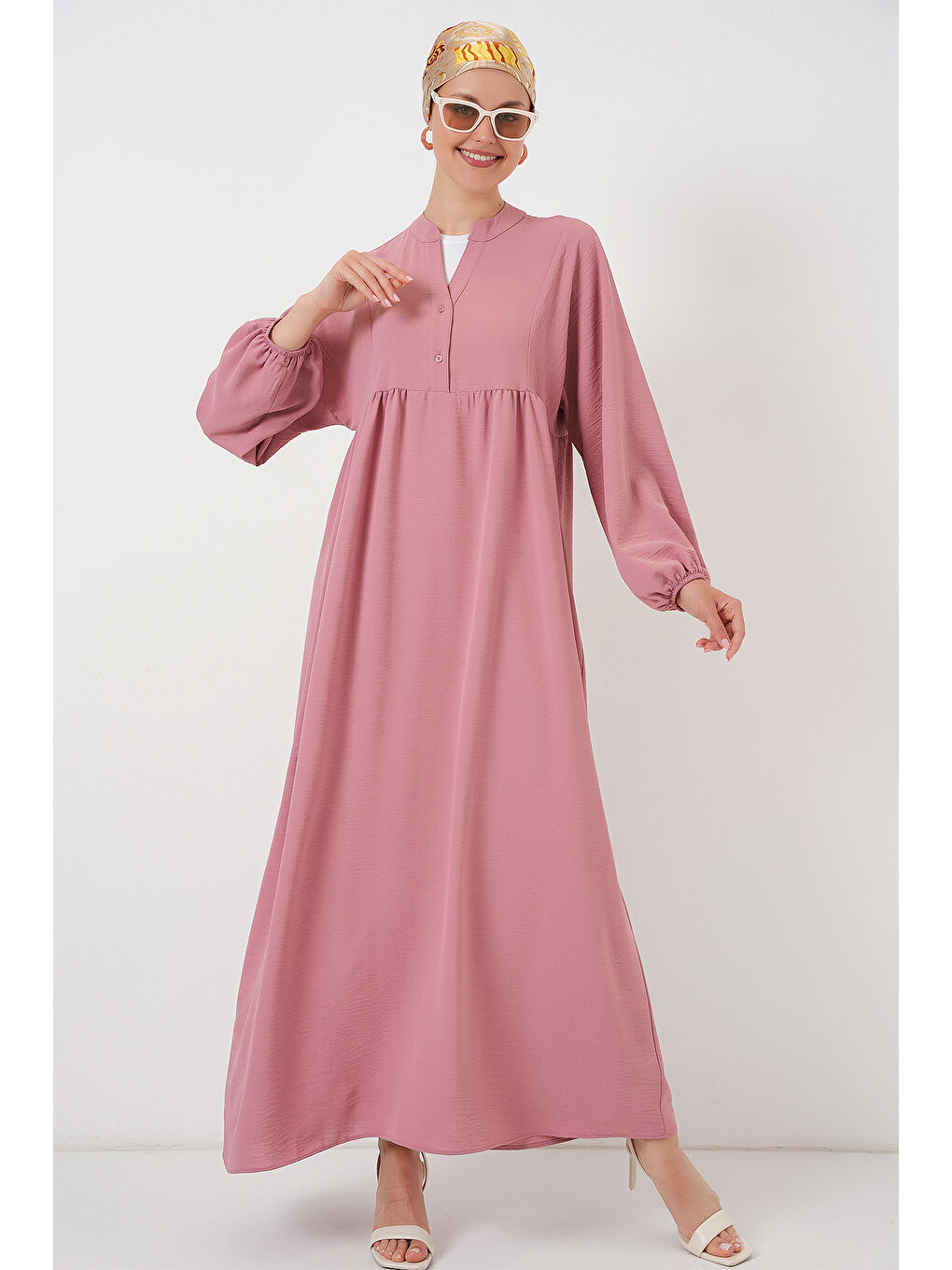 Pembe Kadın Uzun Tesettür Elbise 2525 - Gül Kurusu-4