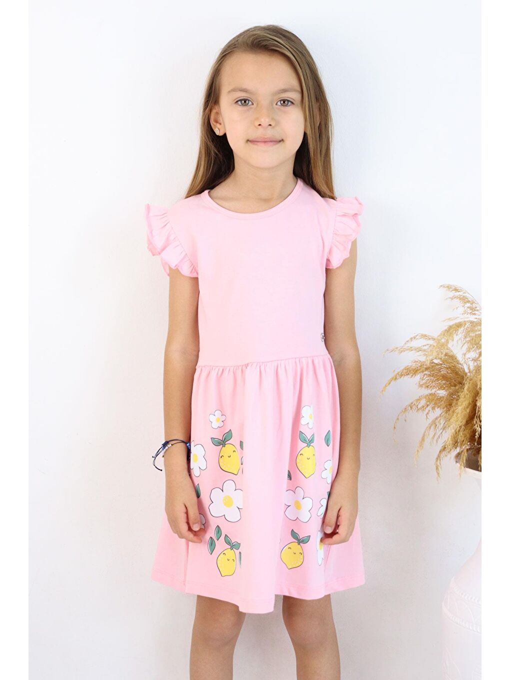 Kız Çocuk Elbise Etek Kısmı Limon & Çiçek Baskılı Pembe (2-4 Yaş)-1
