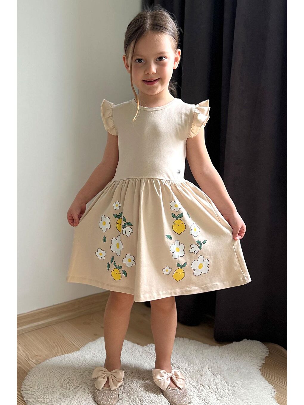Kız Çocuk Elbise Etek Kısmı Limon & Çiçek Baskılı Bej (2-4 Yaş)