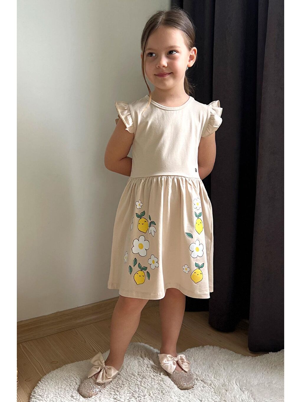 Kız Çocuk Elbise Etek Kısmı Limon & Çiçek Baskılı Bej (2-4 Yaş)-1