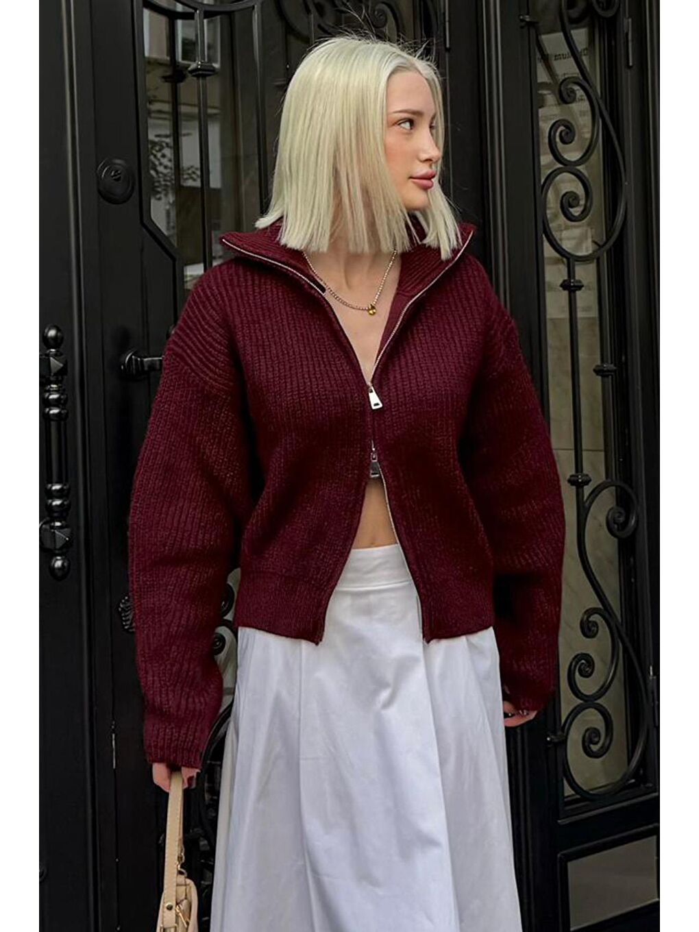 Bordo Fermuarlı Kadın Triko Hırka Mg2532