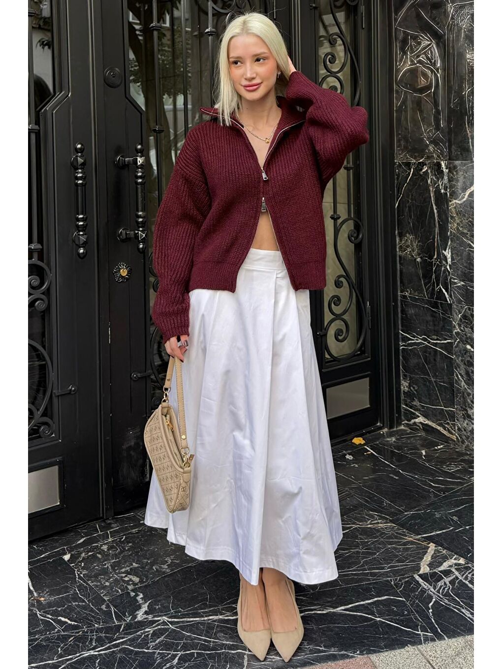 Bordo Fermuarlı Kadın Triko Hırka Mg2532-2