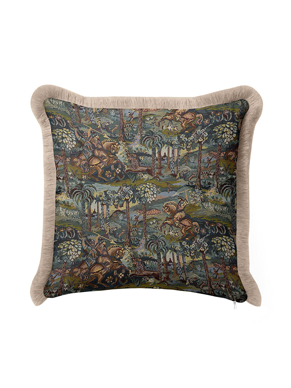 Karışık Barok Avangard Saçaklı Yastık Kılıfı - Av Karesi Retro Koyu Yeşil Altın Renk Püsküllü Kırlent Kılıfı-2