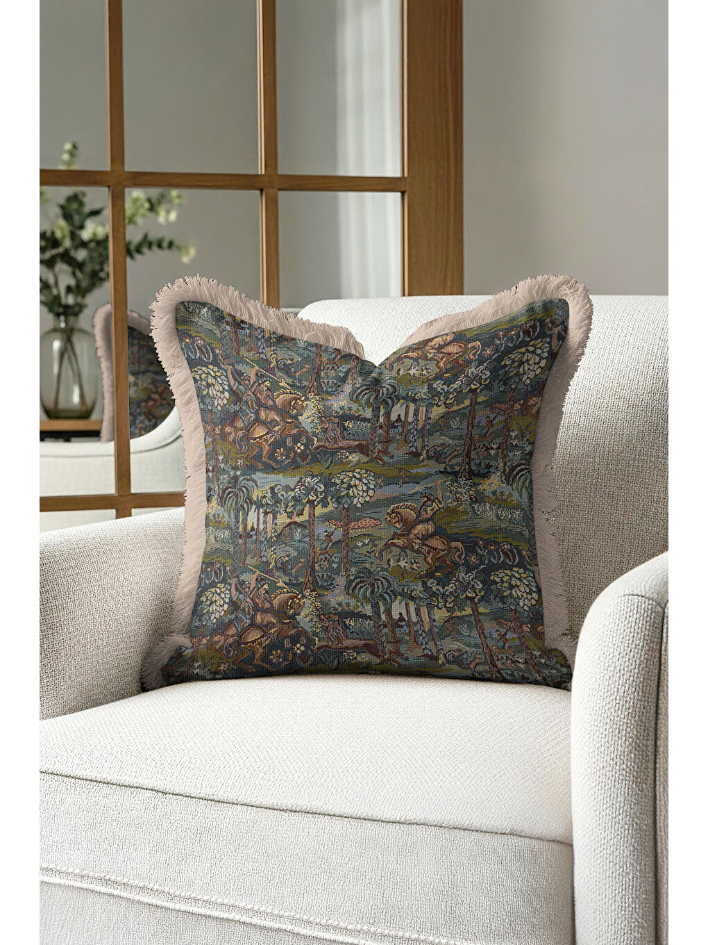 Karışık Barok Avangard Saçaklı Yastık Kılıfı - Av Karesi Retro Koyu Yeşil Altın Renk Püsküllü Kırlent Kılıfı-3