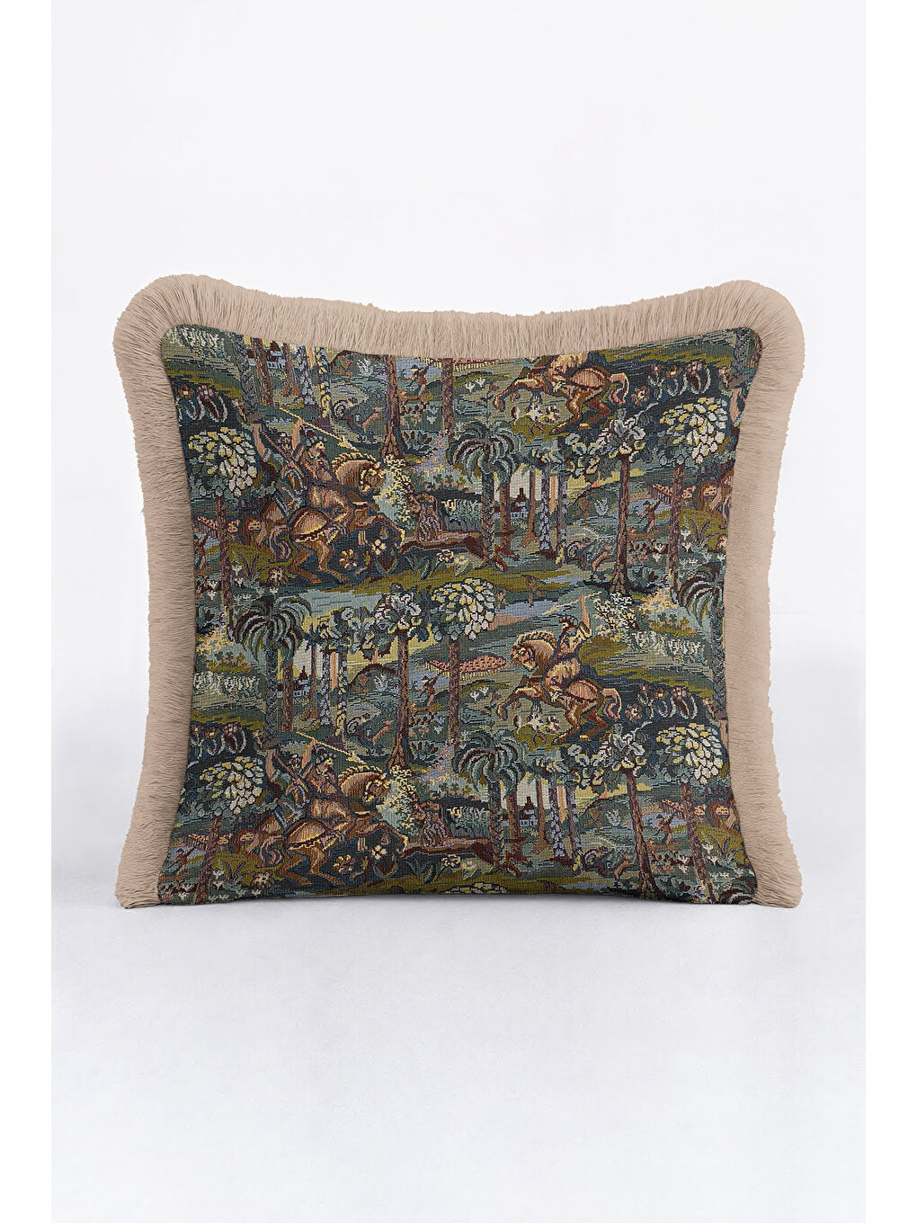 Karışık Barok Avangard Saçaklı Yastık Kılıfı - Av Karesi Retro Koyu Yeşil Altın Renk Püsküllü Kırlent Kılıfı-4