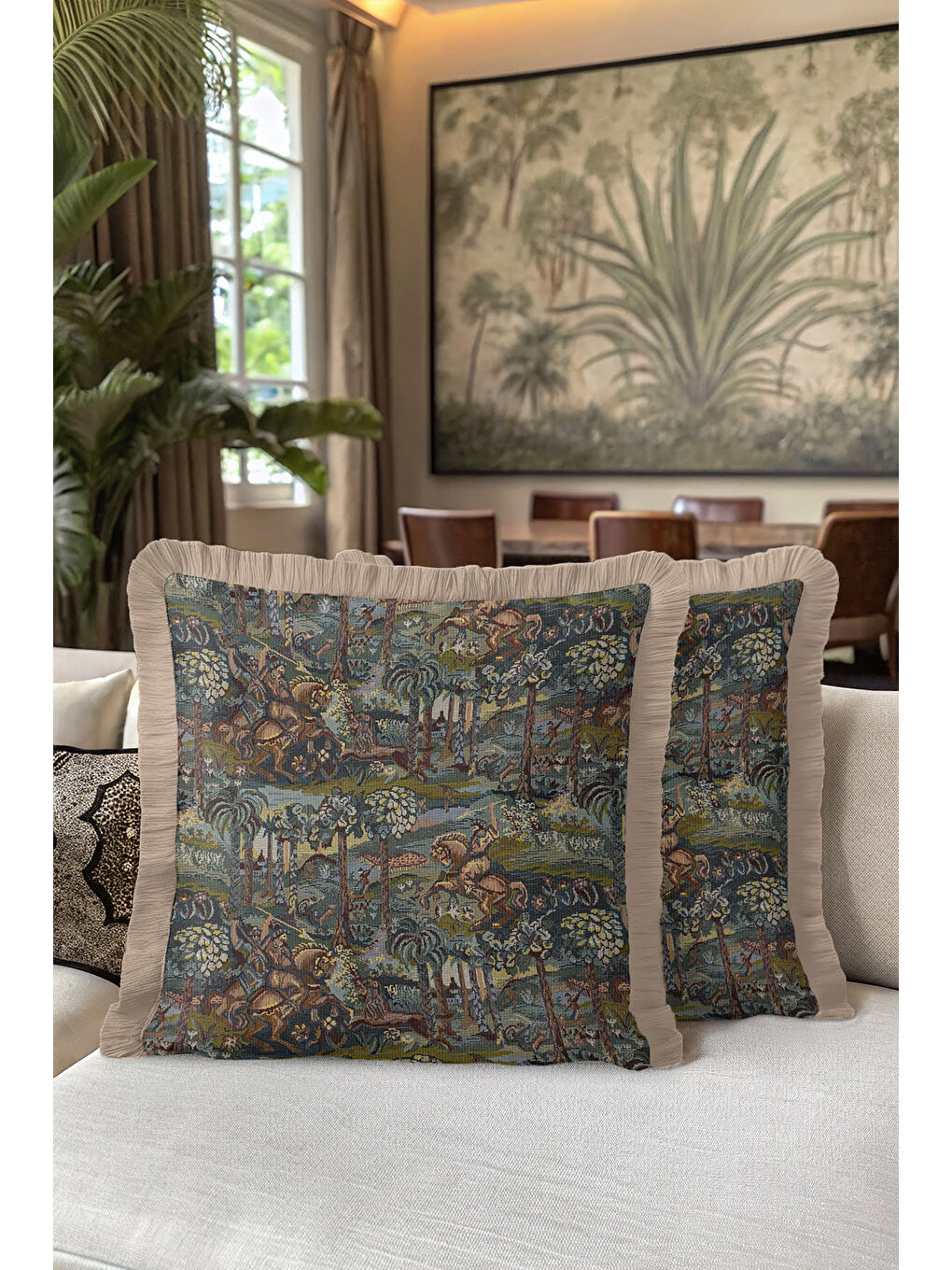 Karışık Barok Avangard Saçaklı Yastık Kılıfı - Av Karesi Retro Koyu Yeşil Altın Renk Püsküllü Kırlent Kılıfı-5