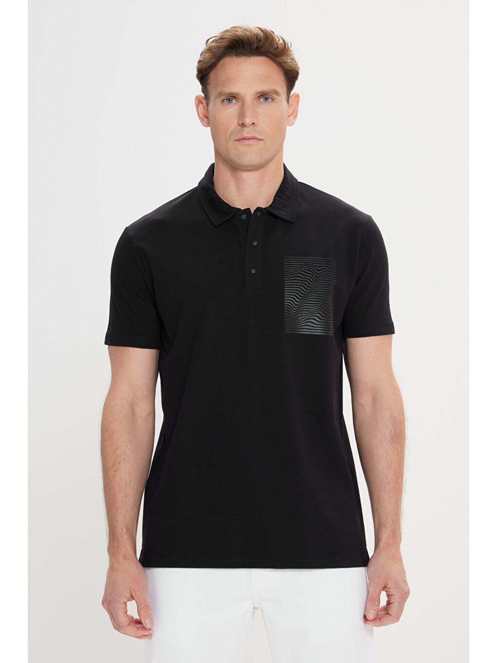 Erkek Siyah Slim Fit Dar Kesim %100 Pamuk Baskılı Polo Yaka Tişört
