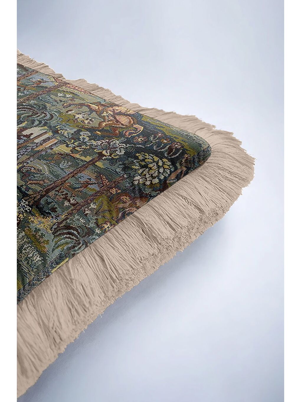 Karışık Barok Avangard Saçaklı Yastık Kılıfı - Av Karesi Retro Koyu Yeşil Altın Renk Püsküllü Kırlent Kılıfı-6