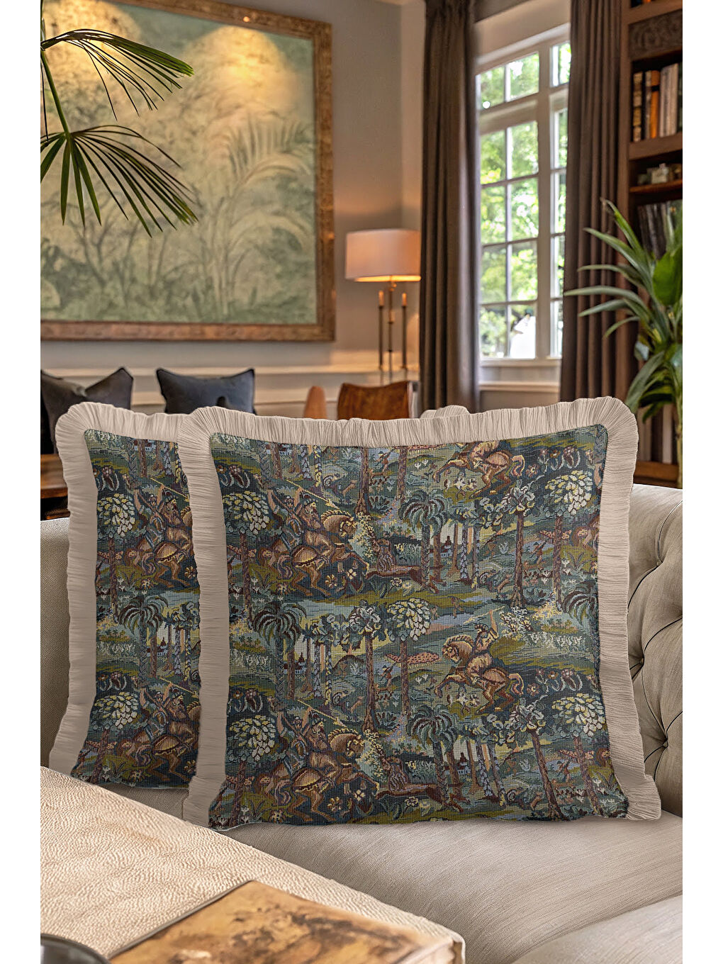 Karışık Barok Avangard Saçaklı Yastık Kılıfı - Av Karesi Retro Koyu Yeşil Altın Renk Püsküllü Kırlent Kılıfı-7