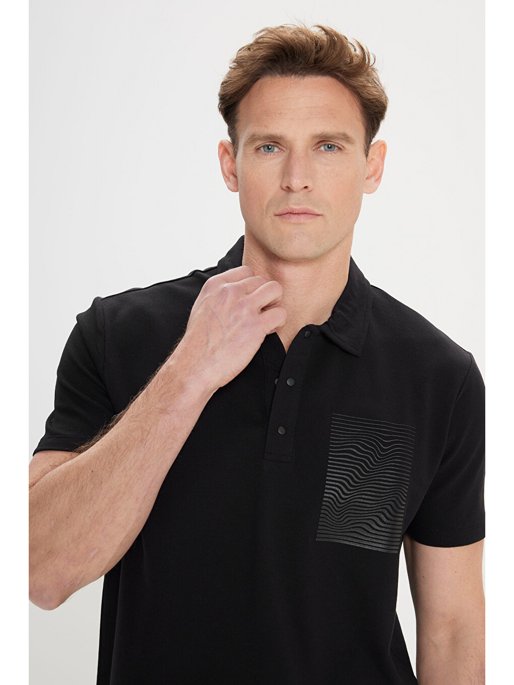 Erkek Siyah Slim Fit Dar Kesim %100 Pamuk Baskılı Polo Yaka Tişört-3