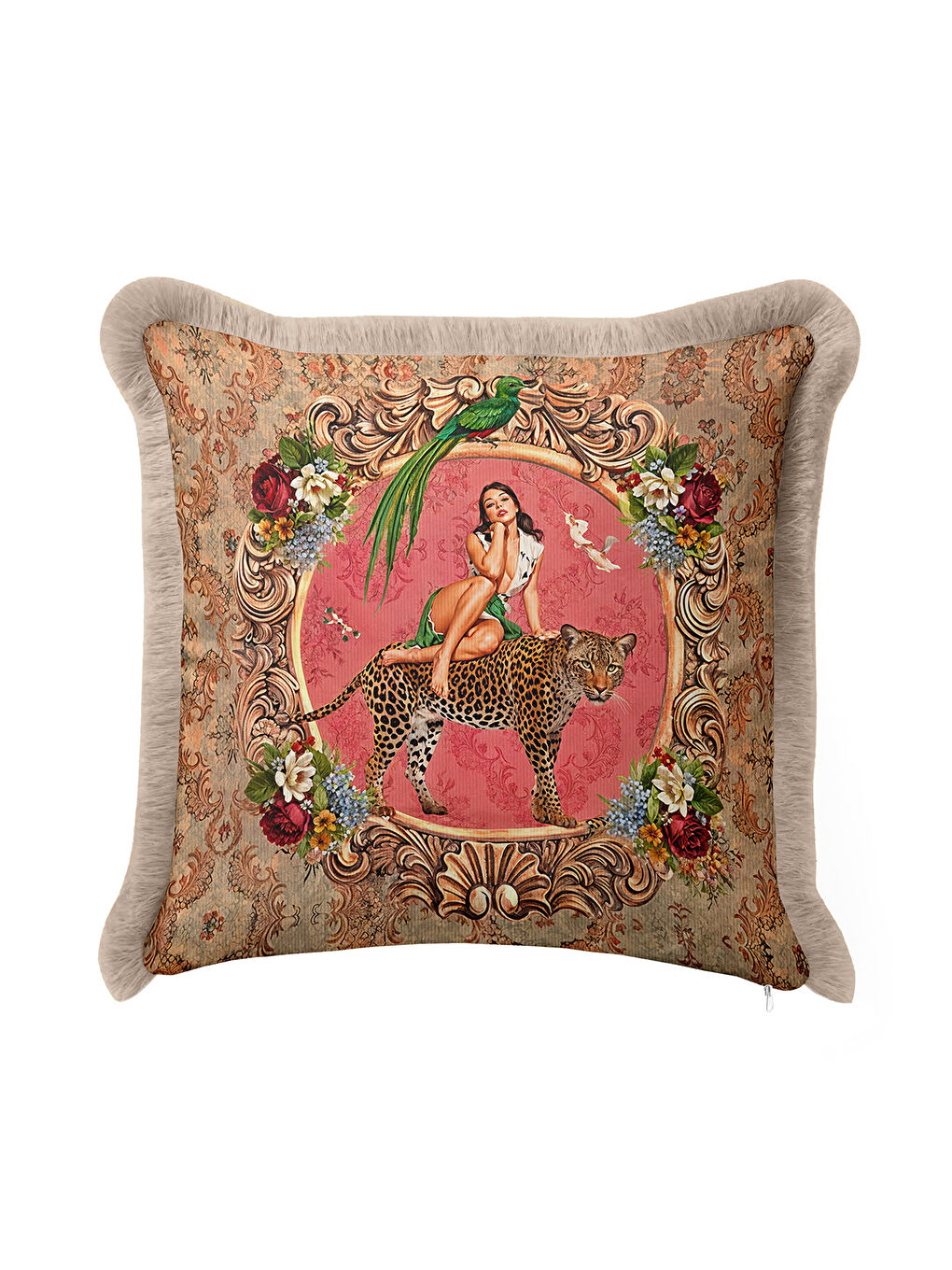 Karışık Barok Lüks Saçaklı Yastık Kılıfı - Nostaljik Sanatsal Bohem Pembe Bej Püsküllü Kırlent Kılıfı-1