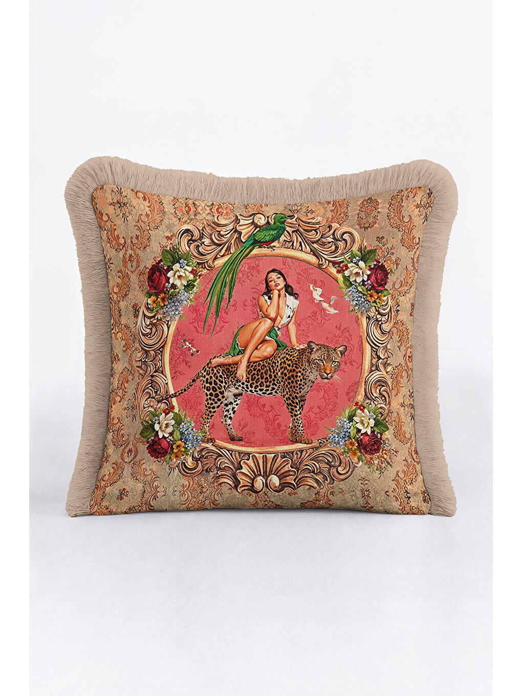 Karışık Barok Lüks Saçaklı Yastık Kılıfı - Nostaljik Sanatsal Bohem Pembe Bej Püsküllü Kırlent Kılıfı-2