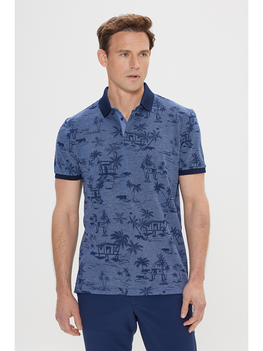 Erkek İndigo Slim Fit Dar Kesim %100 Pamuk Desenli Polo Yaka Tişört