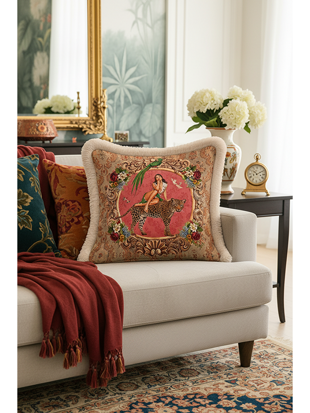 Karışık Barok Lüks Saçaklı Yastık Kılıfı - Nostaljik Sanatsal Bohem Pembe Bej Püsküllü Kırlent Kılıfı-3