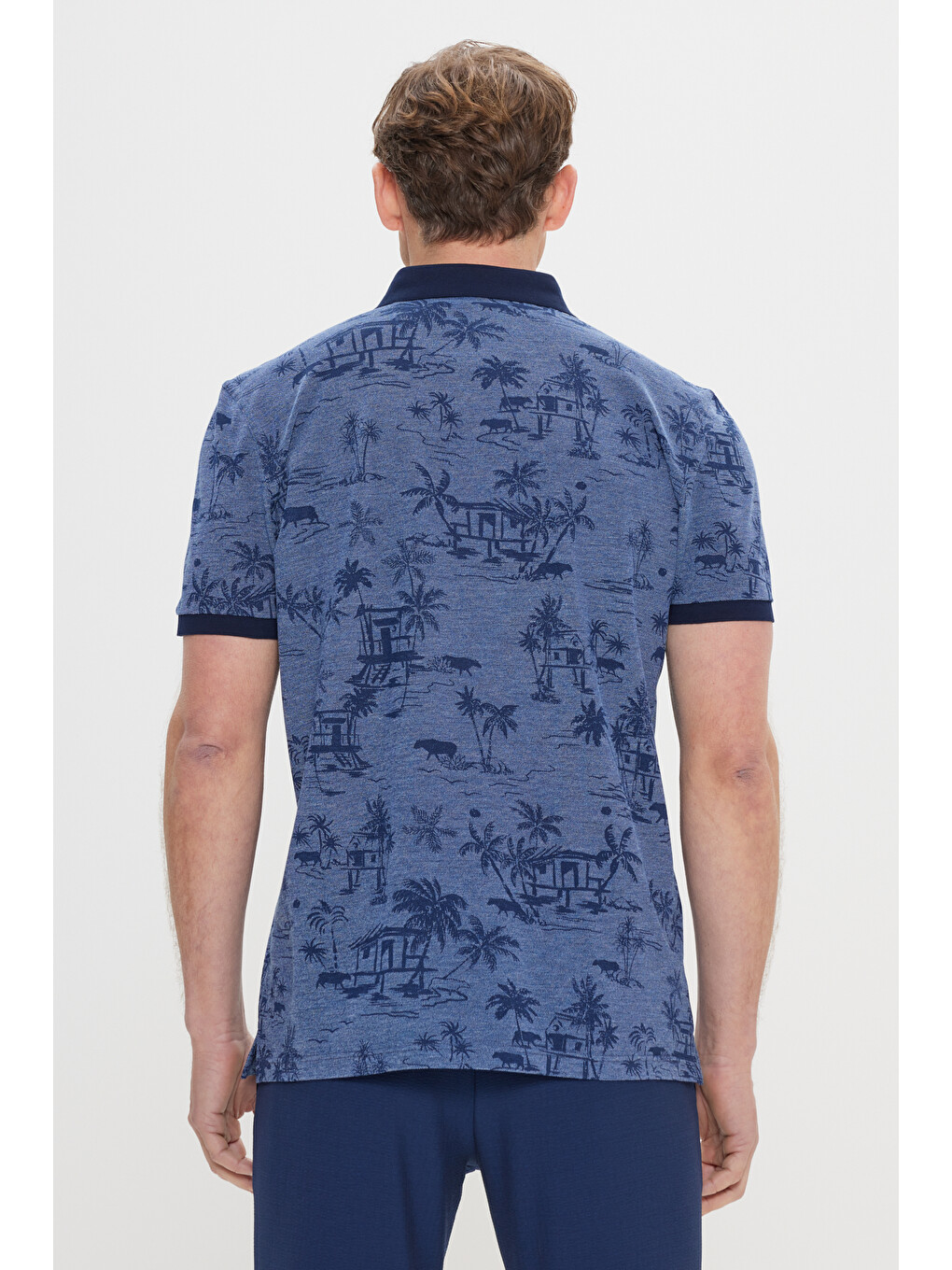 Erkek İndigo Slim Fit Dar Kesim %100 Pamuk Desenli Polo Yaka Tişört-4