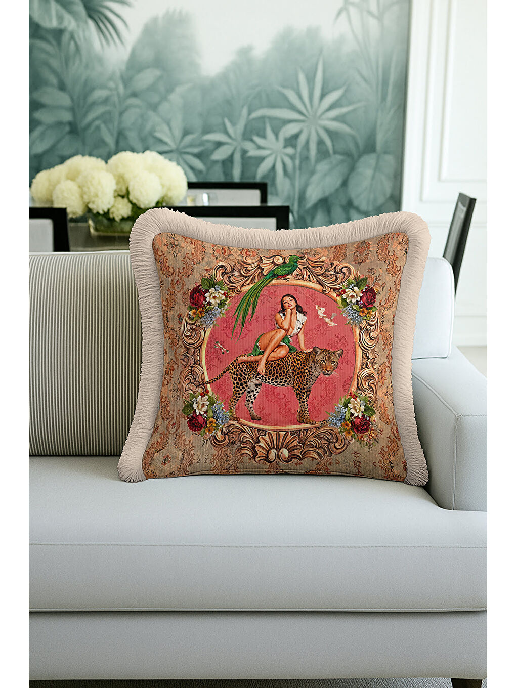 Karışık Barok Lüks Saçaklı Yastık Kılıfı - Nostaljik Sanatsal Bohem Pembe Bej Püsküllü Kırlent Kılıfı-4