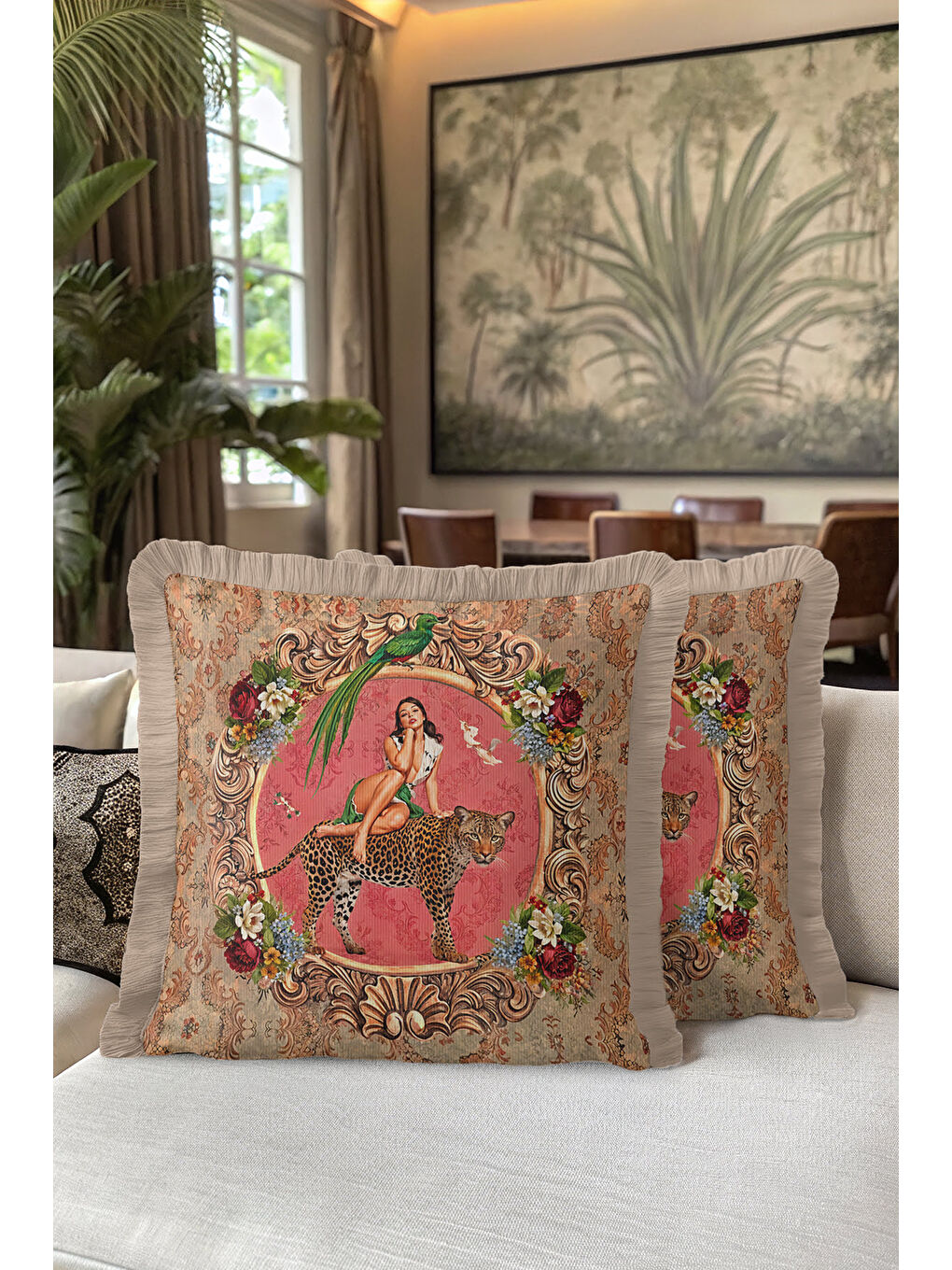 Karışık Barok Lüks Saçaklı Yastık Kılıfı - Nostaljik Sanatsal Bohem Pembe Bej Püsküllü Kırlent Kılıfı-5