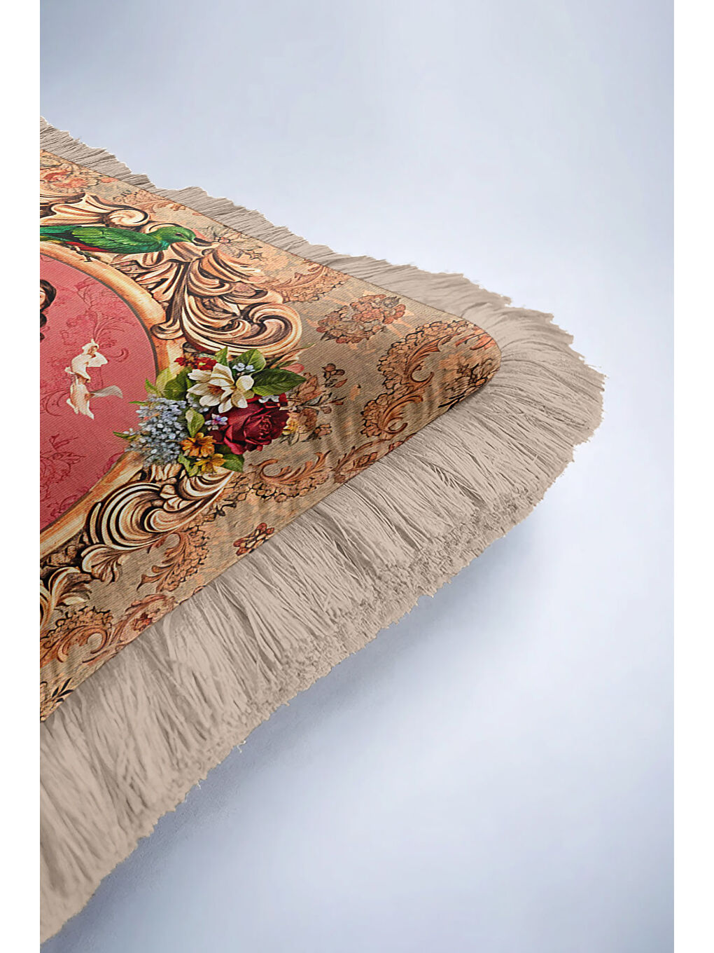 Karışık Barok Lüks Saçaklı Yastık Kılıfı - Nostaljik Sanatsal Bohem Pembe Bej Püsküllü Kırlent Kılıfı-6