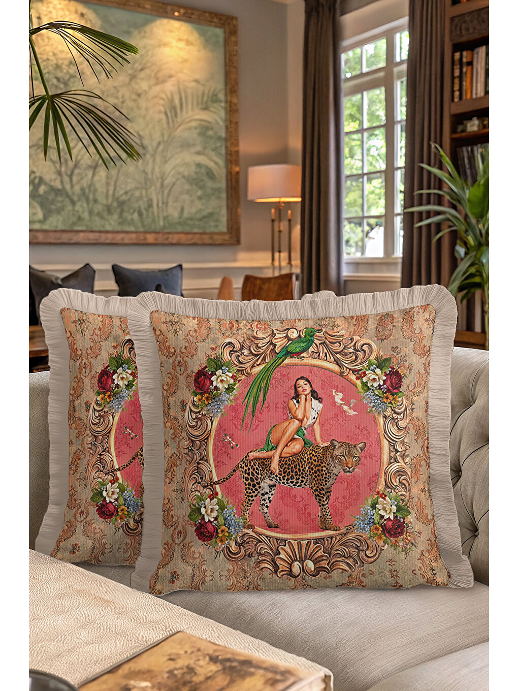 Karışık Barok Lüks Saçaklı Yastık Kılıfı - Nostaljik Sanatsal Bohem Pembe Bej Püsküllü Kırlent Kılıfı-7