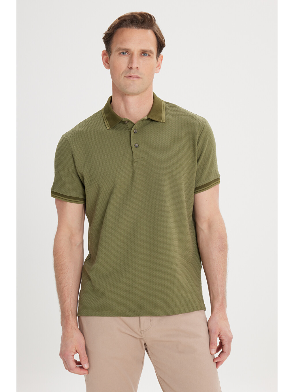 Erkek Haki Slim Fit Dar Kesim %100 Pamuk Polo Yaka Armürlü Tişört