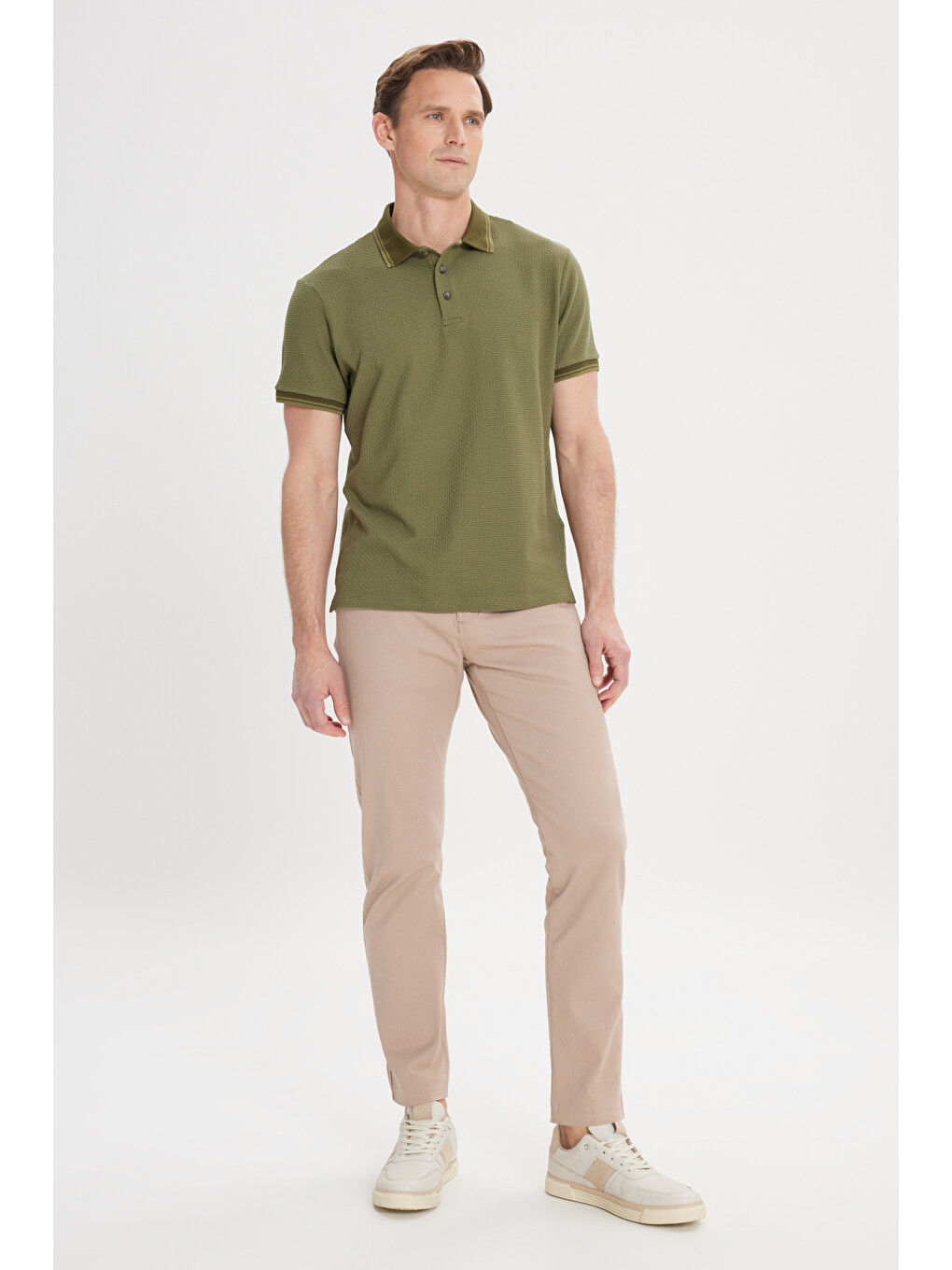 Erkek Haki Slim Fit Dar Kesim %100 Pamuk Polo Yaka Armürlü Tişört-1
