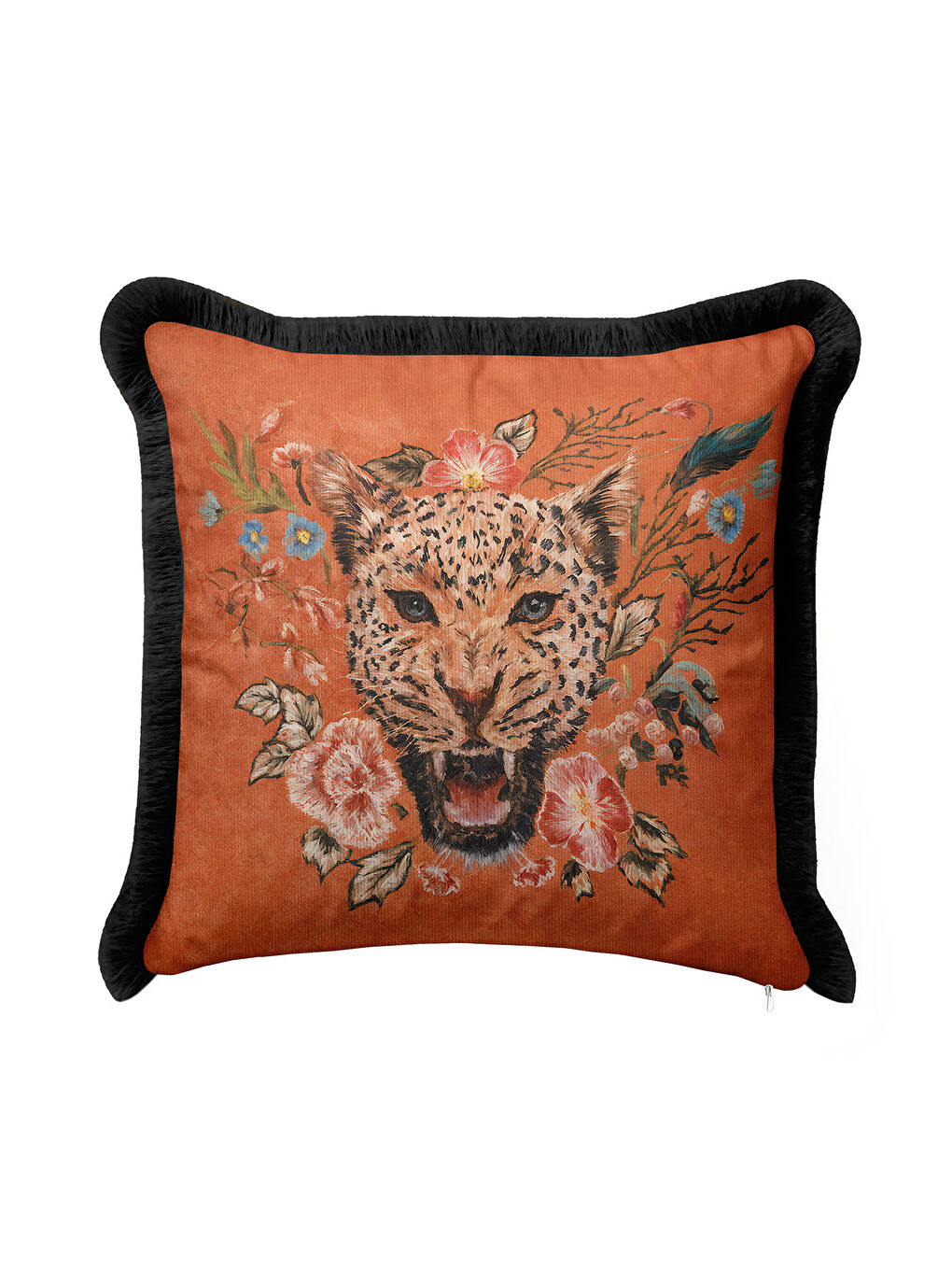 Karışık Lüks Vahşi Çiçekli Saçaklı Yastık Kılıfı - Egzotik Bohem Turuncu Siyah Püsküllü Kırlent Kılıfı-1