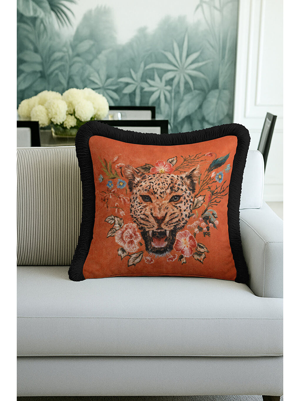 Karışık Lüks Vahşi Çiçekli Saçaklı Yastık Kılıfı - Egzotik Bohem Turuncu Siyah Püsküllü Kırlent Kılıfı-2
