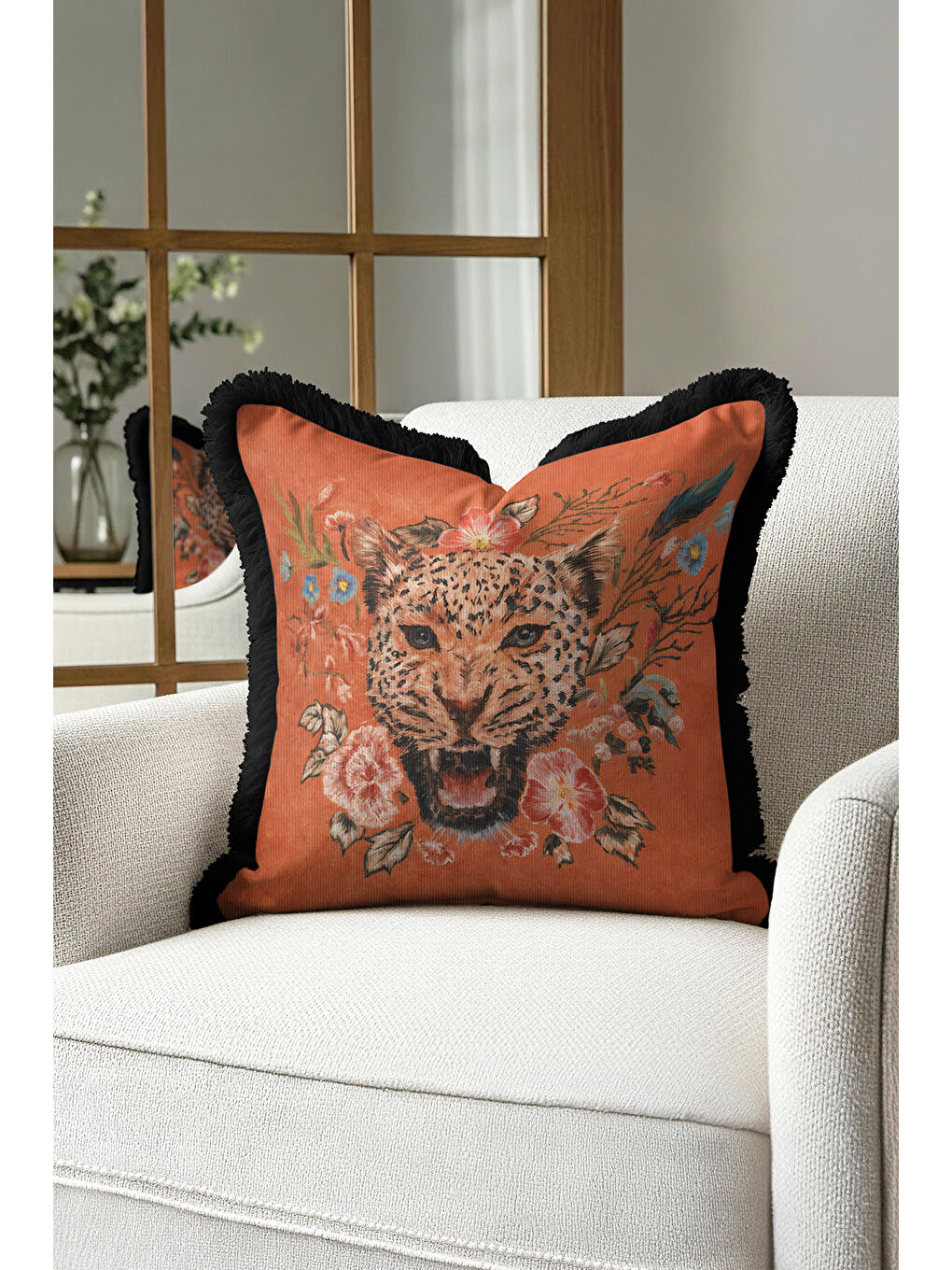 Karışık Lüks Vahşi Çiçekli Saçaklı Yastık Kılıfı - Egzotik Bohem Turuncu Siyah Püsküllü Kırlent Kılıfı-3