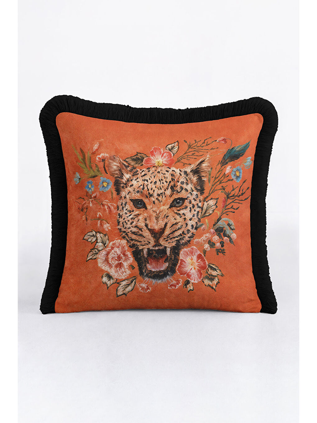 Karışık Lüks Vahşi Çiçekli Saçaklı Yastık Kılıfı - Egzotik Bohem Turuncu Siyah Püsküllü Kırlent Kılıfı-4