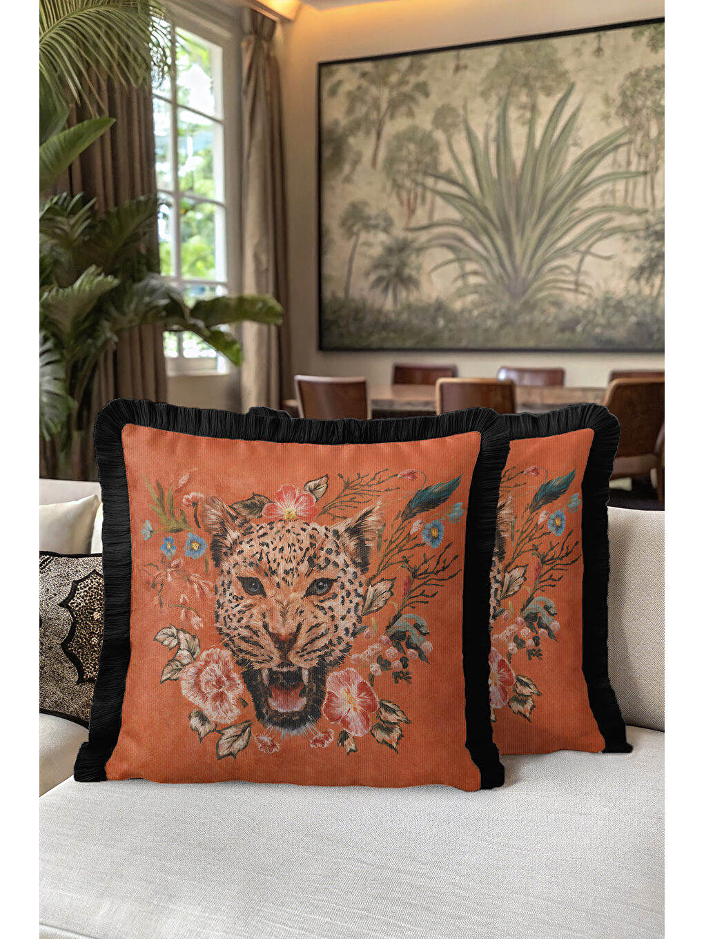 Karışık Lüks Vahşi Çiçekli Saçaklı Yastık Kılıfı - Egzotik Bohem Turuncu Siyah Püsküllü Kırlent Kılıfı-5