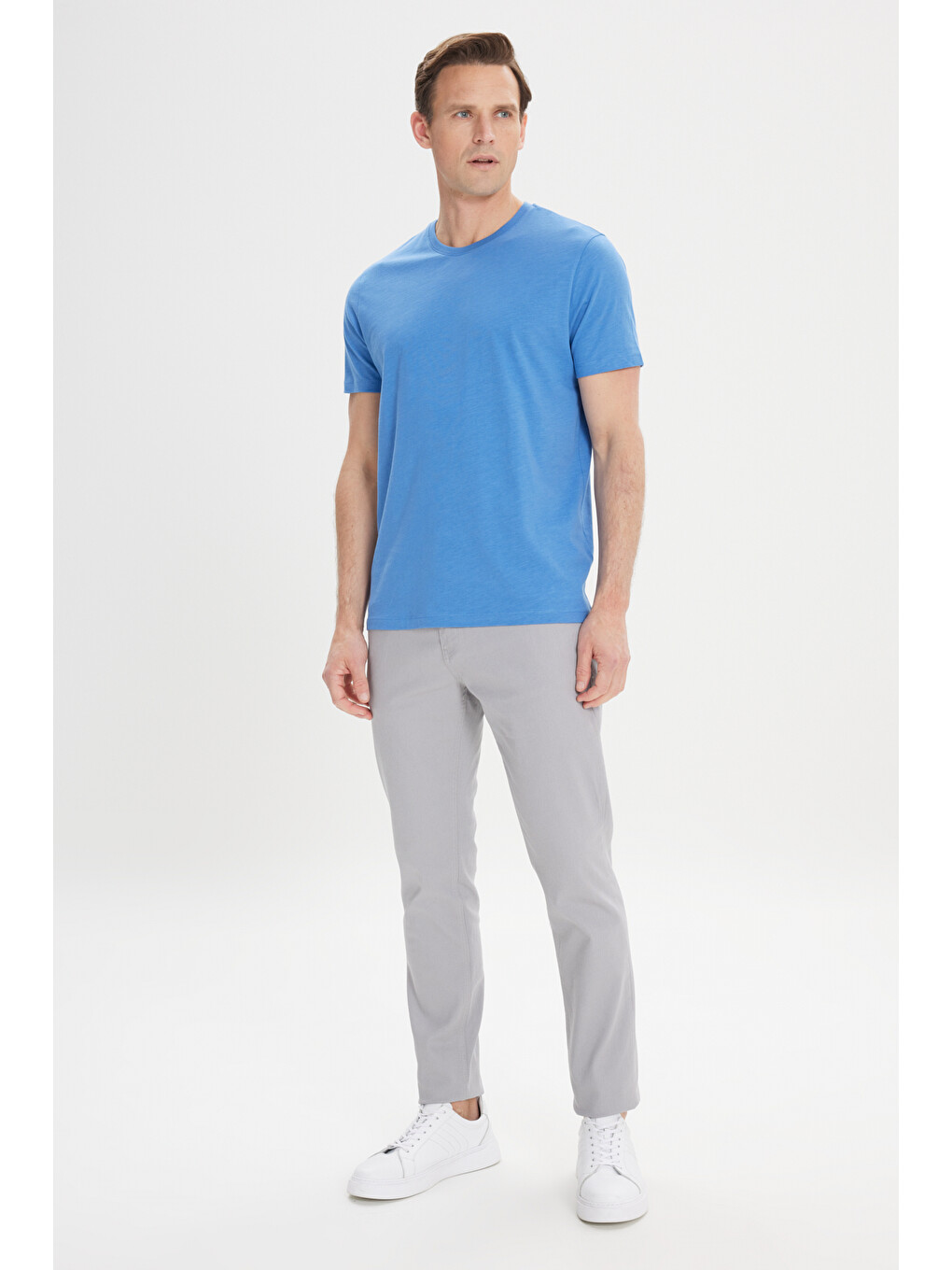 Erkek İndigo Slim Fit Dar Kesim %100 Pamuk Bisiklet Yaka Tişört-1