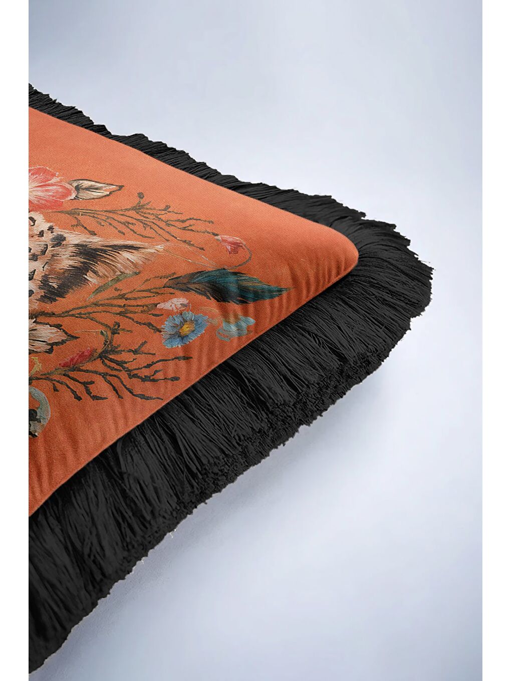 Karışık Lüks Vahşi Çiçekli Saçaklı Yastık Kılıfı - Egzotik Bohem Turuncu Siyah Püsküllü Kırlent Kılıfı-6