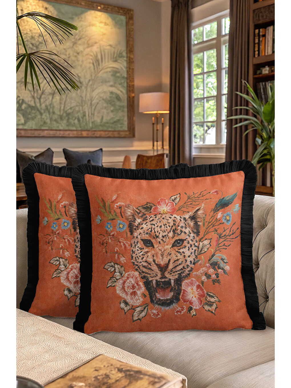 Karışık Lüks Vahşi Çiçekli Saçaklı Yastık Kılıfı - Egzotik Bohem Turuncu Siyah Püsküllü Kırlent Kılıfı-7