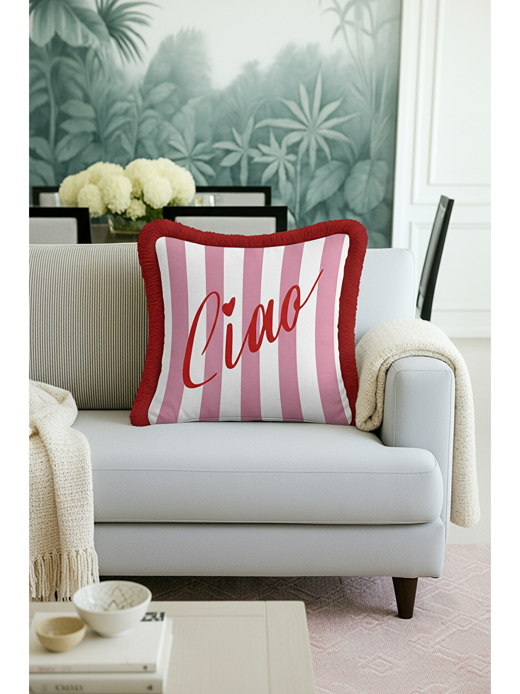 Karışık Çizgili Saçaklı Yastık Kılıfı - Romantik Vintage Pembe Kırmızı Püsküllü Kırlent Kılıfı-1