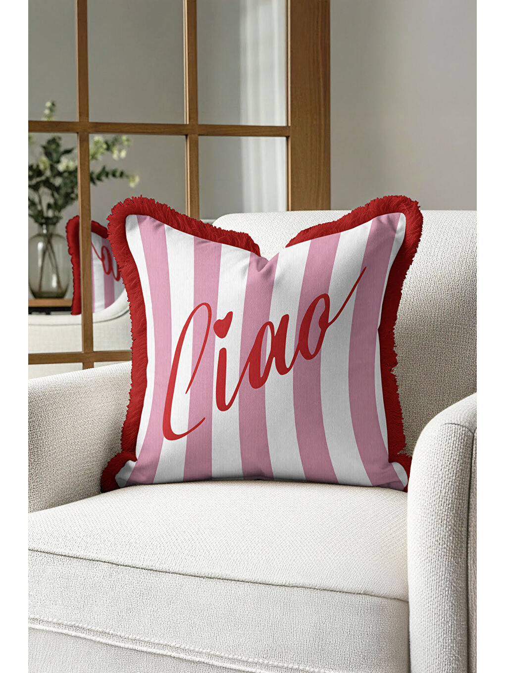 Karışık Çizgili Saçaklı Yastık Kılıfı - Romantik Vintage Pembe Kırmızı Püsküllü Kırlent Kılıfı-2