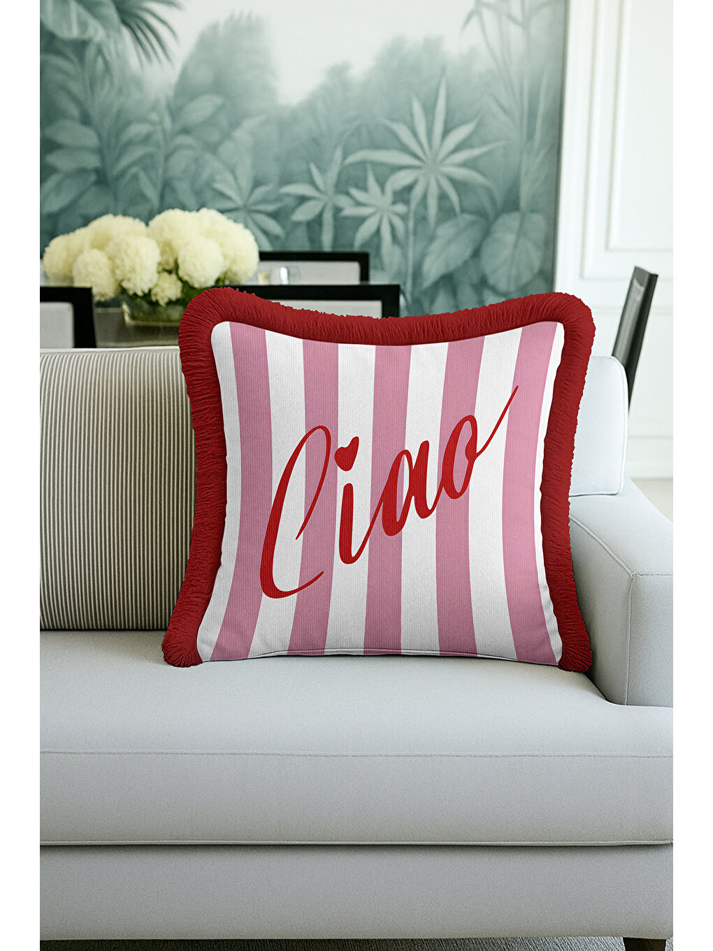 Karışık Çizgili Saçaklı Yastık Kılıfı - Romantik Vintage Pembe Kırmızı Püsküllü Kırlent Kılıfı-3