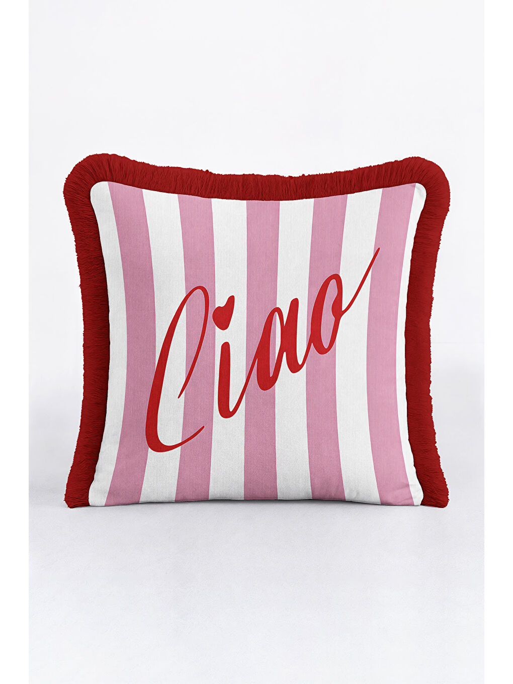 Karışık Çizgili Saçaklı Yastık Kılıfı - Romantik Vintage Pembe Kırmızı Püsküllü Kırlent Kılıfı-4